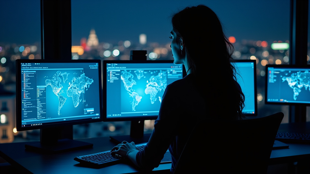 Investigadora privada analizando datos OSINT en multiples pantallas por la noche