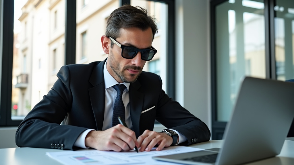 Detective privado en su despacho revisando documentos, Madrid