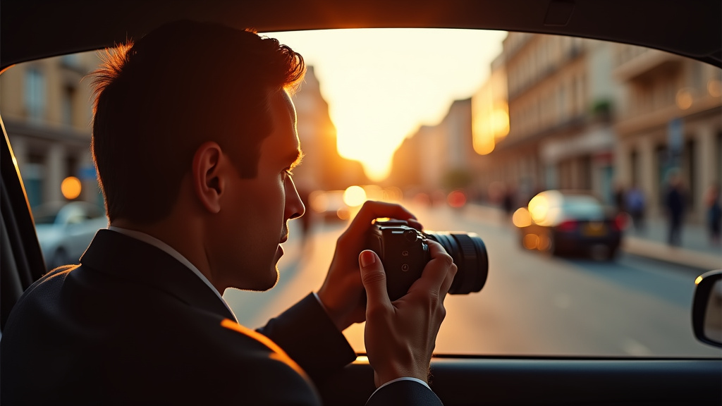 Detective privado realizando vigilancia desde un vehiculo en una calle espanola
